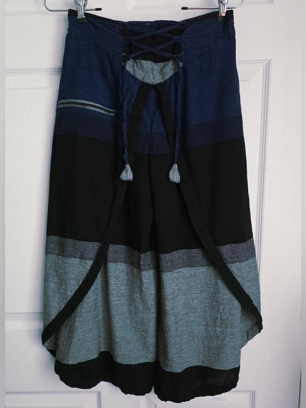 Boutique Nepal Cotton Colorblock Palazzo Wrap Pants Lace Up Boho Blue Black Gray